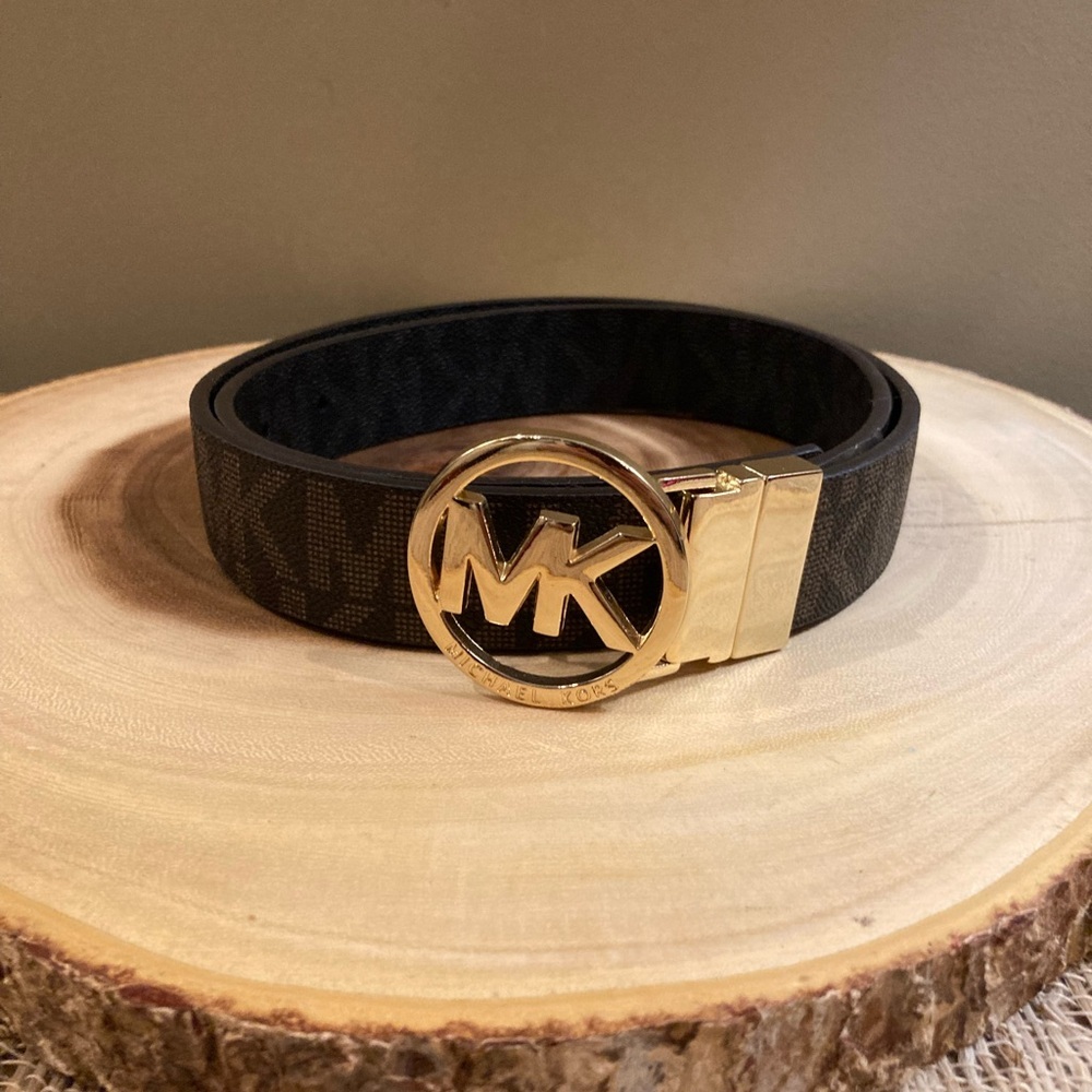 Michael Kors‎ Brown Taupe and Gold Women's Logo Signature Belt - Medium New